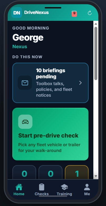 Drivers app home screen